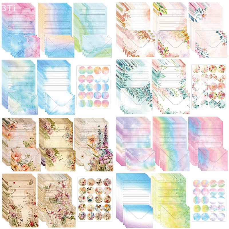 Precioso paquete estacionario de acuarela: juego de 30 sobres de papel y 15 unidades.