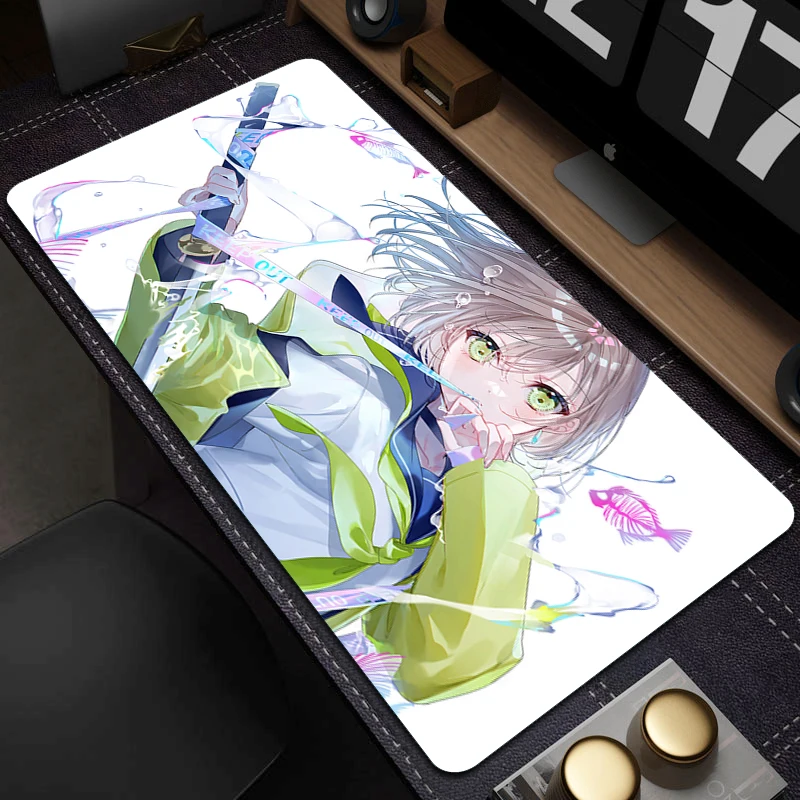 Alfombrilla de ratón grande Kawaii de Anime Pixel Girl, alfombrilla de goma para ordenador de oficina grande, alfombrilla de ratón con borde de bloqueo, alfombrilla antideslizante para teclado - imagen 5