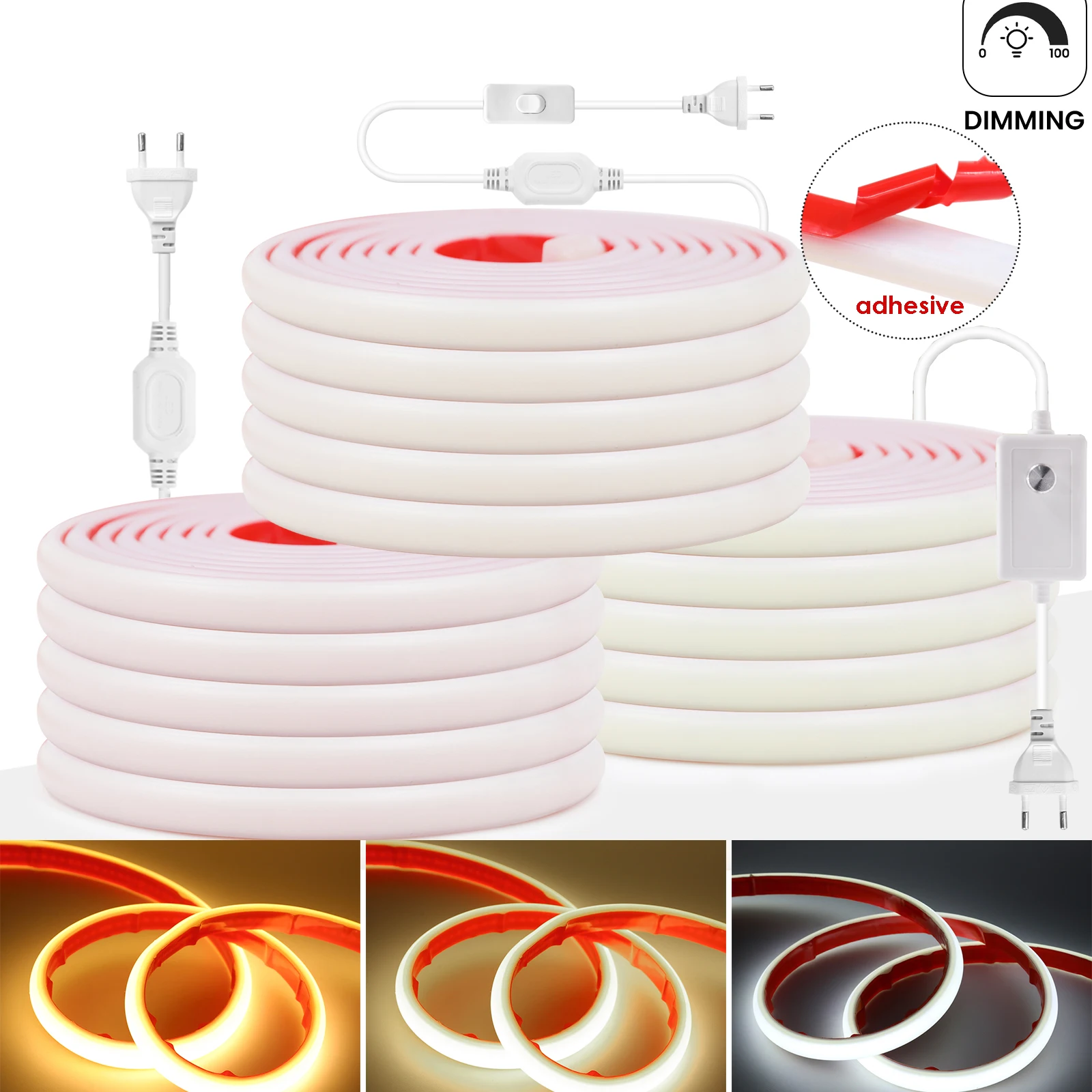 Tira de luces LED de neón COB, 220V, 288Leds/M, impermeable, IP65, cinta adhesiva para lámpara con interruptor/regardador, enchufe europeo para iluminación de habitación y jardín - imagen 2