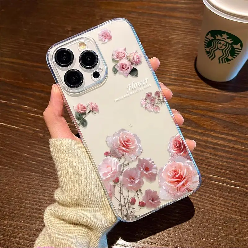 Funda de teléfono de TPU con rosa francesa para iPhone 11 Pro XR XS 14 13 7 8 Plus 15 Pro Max 12 Mini 16, carcasa protectora de pantalla a prueba de golpes