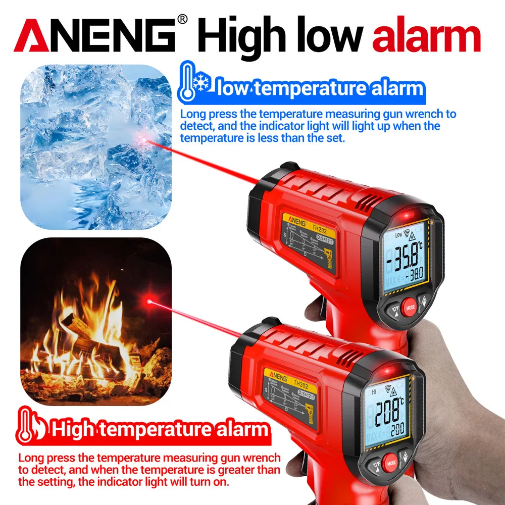 Termómetro infrarrojo de cocina ANENG, medidor de temperatura láser Digital sin contacto, pantalla LCD TH202, herramienta de prueba de pistola de punta pirómetro - imagen 2