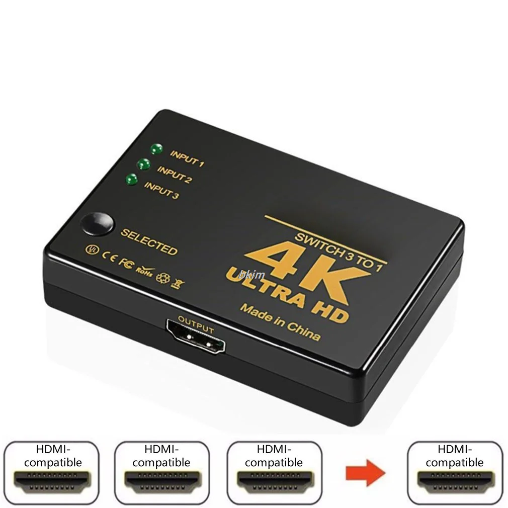 Conmutador 3 en 1 compatible con HDMI, conmutador 4K, divisor de Cable de vídeo HD, convertidor adaptador Hub 1x3 para PS4/3, TV Box, HDTV y PC