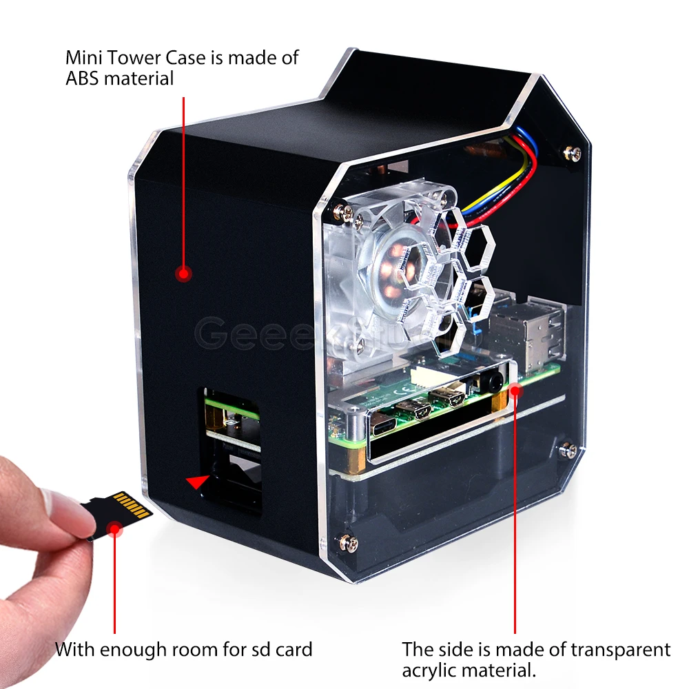 ¡Nuevo! Mini caja de cierre de torre ABS, ventilador programable RGB con placa adaptadora M.2 SATA SSD, Kit NAS, carcasa para Raspberry Pi 4 B - imagen 4