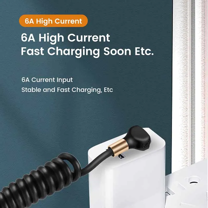 Cable de resorte tipo codo de 90 grados, Cable de datos USB tipo C 6A para Samsung, Xiaomi, Huawei, cargador de teléfono telescópico para coche, Cable USB C - imagen 2