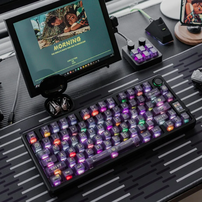 Juego de teclas con tema transparente de niebla púrpura, tapa de teclado con perfil de cereza R2 personalizada para PC, accesorios para teclado mecánico, regalo