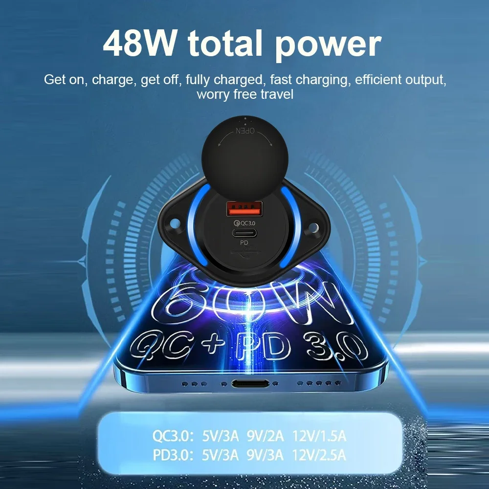 Enchufe de cargador de coche PD QC 3,0 de 48W, carga rápida con tapa deslizante, cargador rápido USB tipo C, toma de corriente para coche, barco, autobús, RV, barco - imagen 2