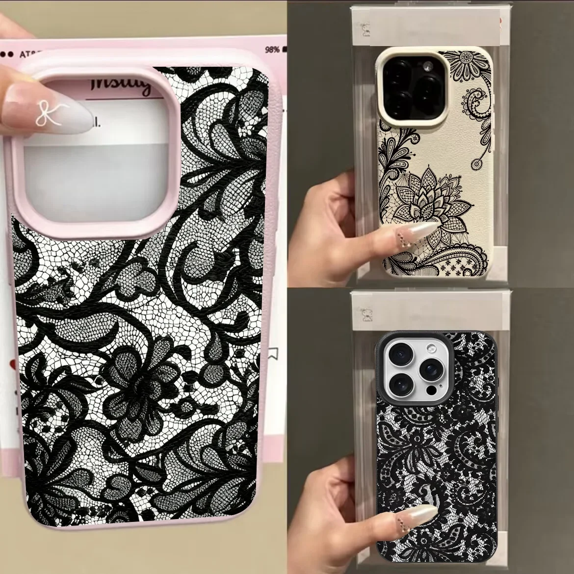Funda de lujo con diseño de encaje negro para Iphone 17 Pro Max 17 Air 16 15 14 13 12 11 Pro Max 16e Funda de cuero personalizada para teléfono