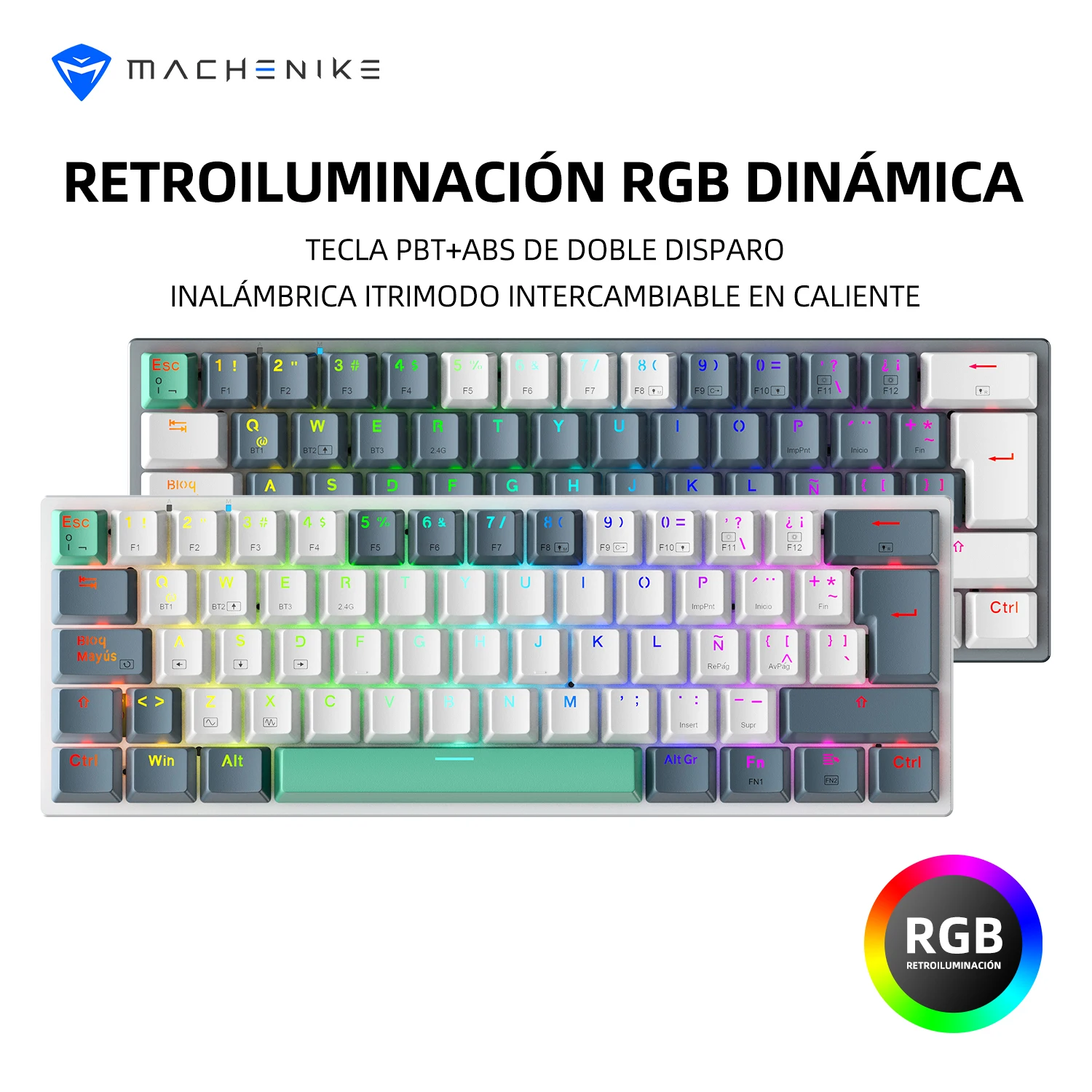 Teclado Mecánico Gamer MACHENIKE K500 60% Tri-Modal Inalámbrico Hot-Swap, Layout Latinoamericano para PC - imagen 2