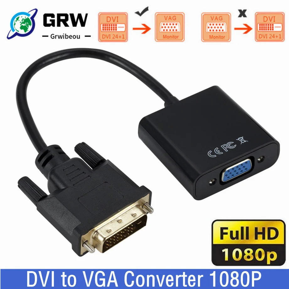 Grwibeou-adaptador DVI a VGA HD 1080P, convertidor de Cable macho a VGA hembra de 25 pines a 15 pines para Monitor de ordenador y PC, DVI-D