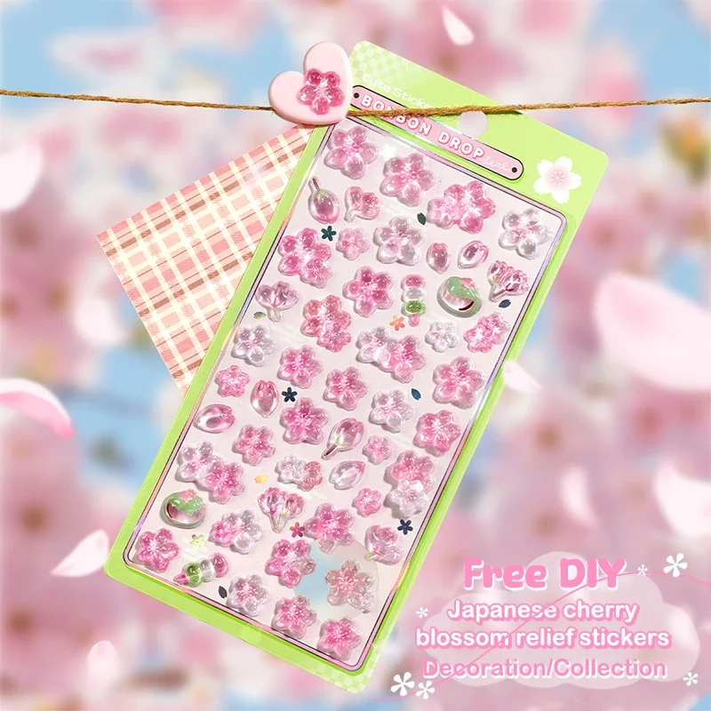 1 hoja de papelería para diario, calcomanías Kawaii, gota de flor de cerezo rosa, pegatina en relieve 3D, álbum de recortes, decoración para diario DIY - imagen 3