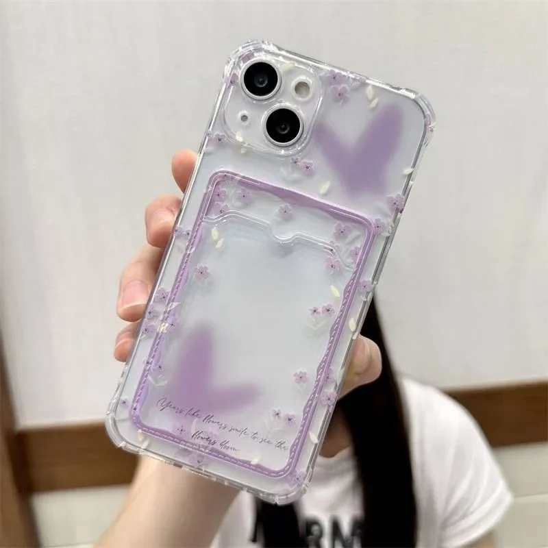 Funda tipo billetera con ranura para tarjetas fotográficas y lazo de flores pequeñas para IPhone 17 Air 17 Pro 16 15 14 12 11 Pro Max Plus 16e Silico TPU transparente - imagen 5