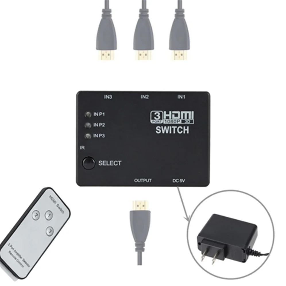 Conmutador HDMI GRWIBEOU 3 en 1 salida 3 puertos divisor HDMI caja de interruptor Hub 1080p HD 1,4 con control remoto para proyector de DVD HDTV XBOX360 - imagen 2