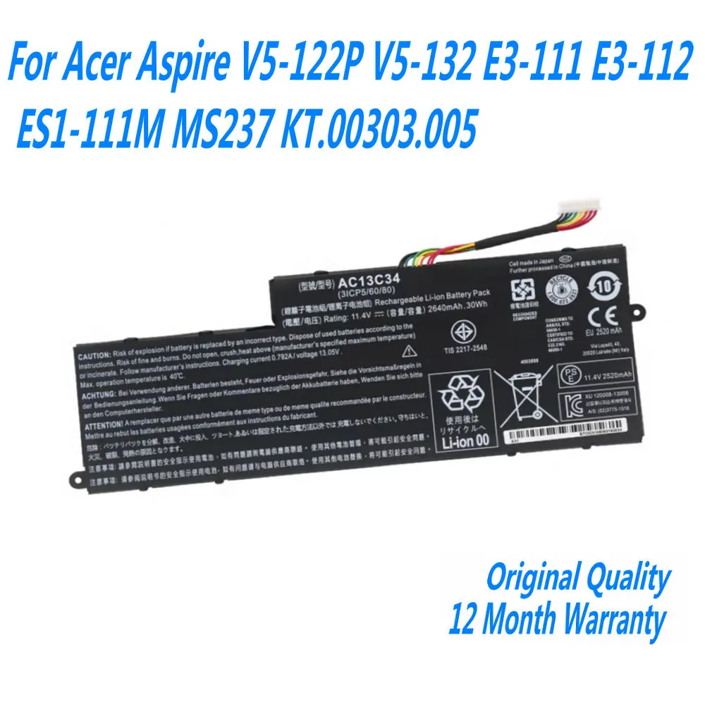 New 11.4V 2640mAh 30WH AC13C34 Laptop Battery For Acer Aspire V5-122P V5-132 E3-111 E3-112 ES1-111M MS237 KT.00303.005