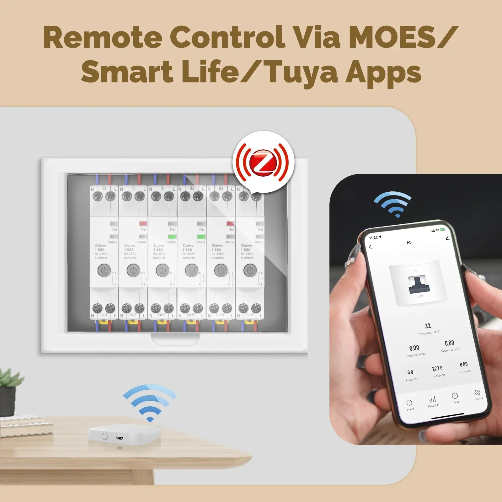MOES Tuya Zigbee-disyuntor inteligente 63A, Monitor de electricidad V0, juego de umbral de alarma retardante ignífugo, Control por aplicación con Alexa - imagen 5