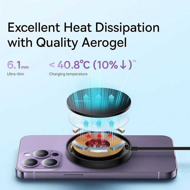 Baseus-cargadores inalámbricos magnéticos de 15W para iPhone 14, cargador inalámbrico Qi, almohadilla de carga rápida para iPhone 16 15 14, Mini cargador de teléfono - imagen 5
