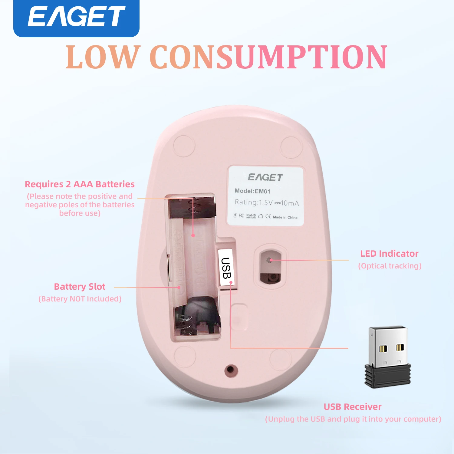 Eaget-ratón óptico inalámbrico con batería reemplazable, 2,4G, con USB, tres niveles, DPl, para ordenador, portátil, PC, silencioso - imagen 2