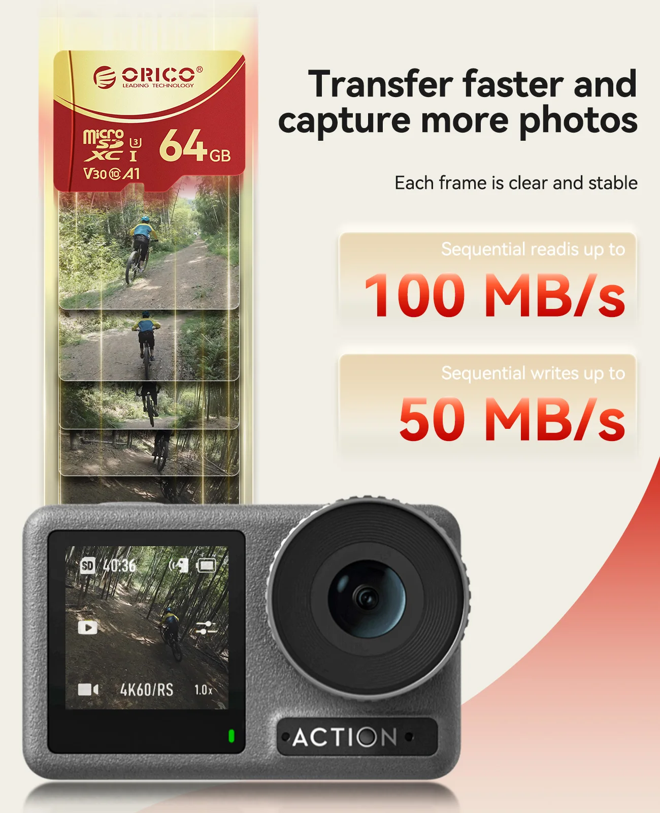 Tarjeta de memoria ORICO microSDXC UHS-I de 64 GB, 180 MB/s, recificación 4K UHD, U3, Class10, V30, A1, Micro SD para cámara de acción, cámara de salpicadero - imagen 5