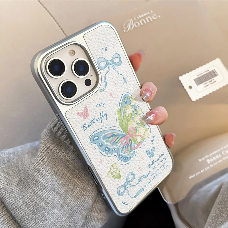 Funda de teléfono con mariposa azul para iPhone 11/12/13/14/15/16/17 Pro Max AIR PLUS, funda de teléfono epoxi con textura de cuero TPU - imagen 3