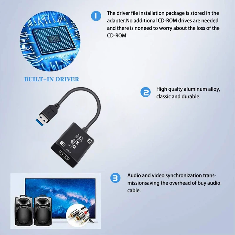 Tarjeta de captura de vídeo 4K, HDTV a USB, caja de grabación de juegos para PC, cámara de ordenador, transmisión en vivo, reuniones - imagen 3