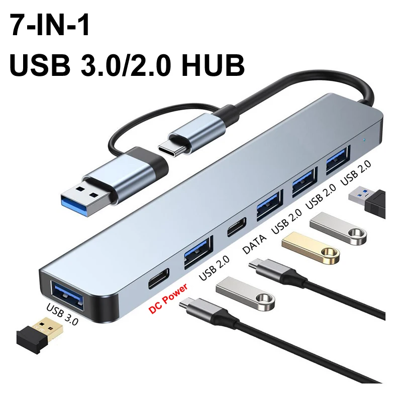 Estación de acoplamiento HUB 7 en 1 de 7 puertos USB/A TYPE-C 3,0/2,0, transmisión de alta velocidad de 5Gbps, divisor USB tipo C a adaptador USB OTG para llave