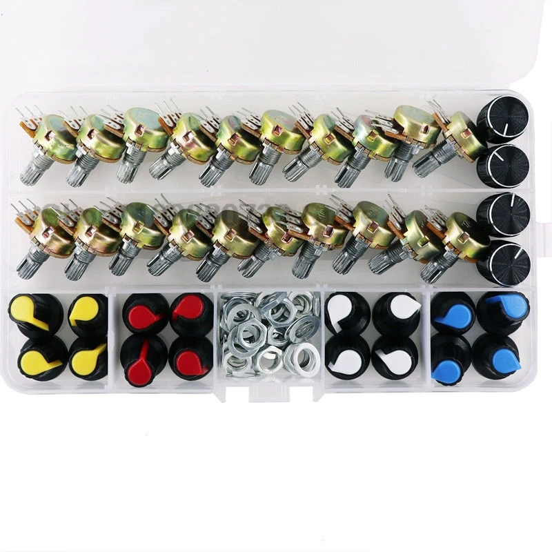 40 Uds potenciómetros WH148 Kit individual de 3 pines interruptor de caja 15MM potenciometro B5K 10K 20K 50K 100K con 20 Uds juego de perillas tuerca de eje - imagen 2