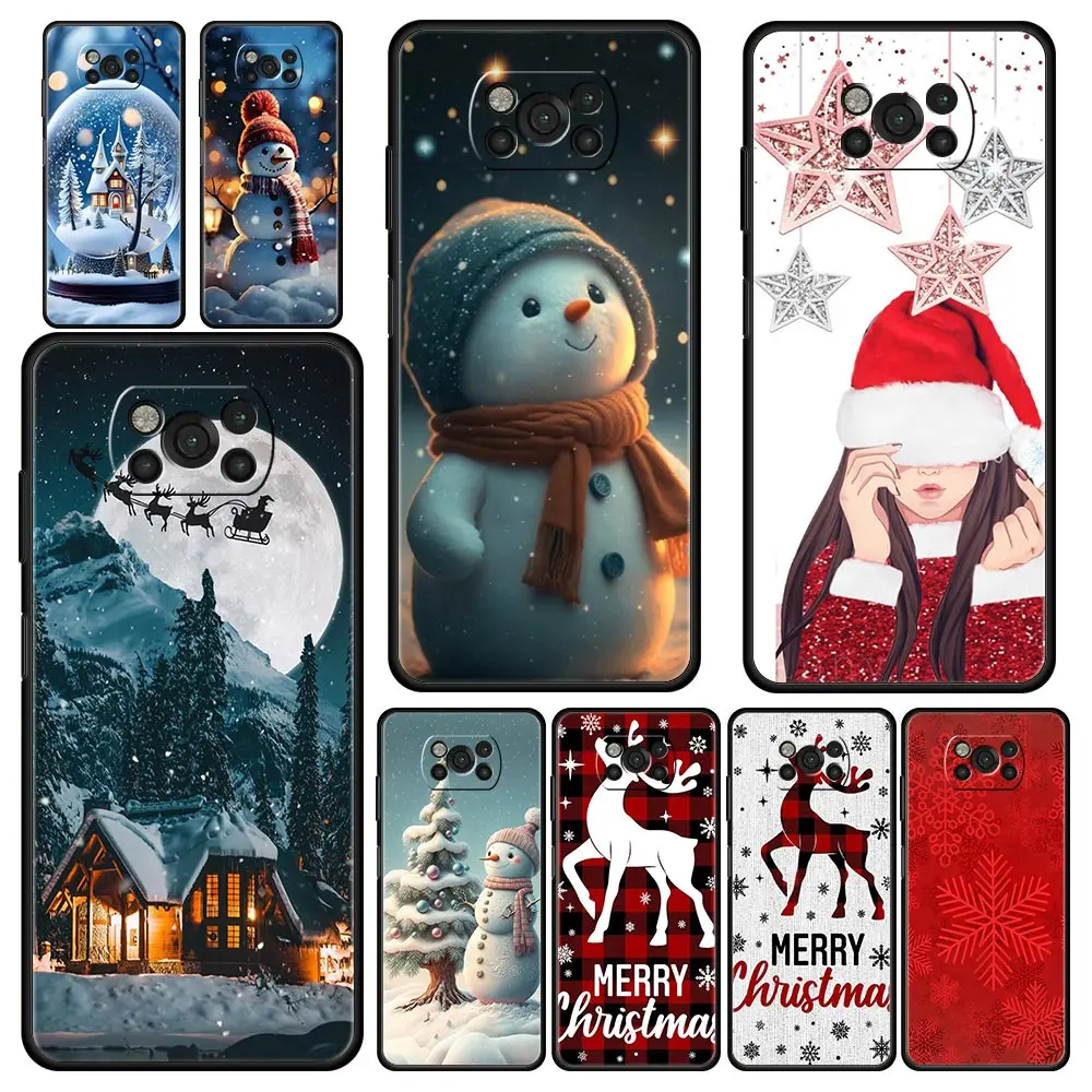 Funda de teléfono para Xiaomi Poco X6 X5 X4 Pro 5G X3 NFC F5 F4 M5 M4 M3 F3 GT C51 C50 C55, cubierta negra suave, estampado gráfico de Navidad