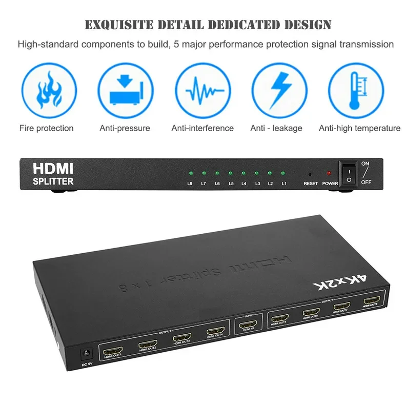 Divisor HDMI 4K x 2K, distribuidor de vídeo HDMI 1 en 8 salidas, convertidor 1x8, pantalla duplicada multipantalla para PS4, Loptop, PC, Monitor de TV - imagen 5
