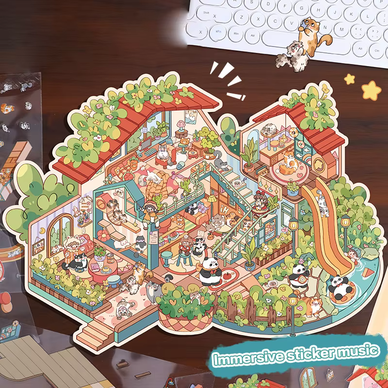 Pegatinas de manual DIY para paisajismo tridimensional creativo de dibujos animados de gran tamaño, pegatinas bonitas para pegar apilamiento de escena de cabina - imagen 2