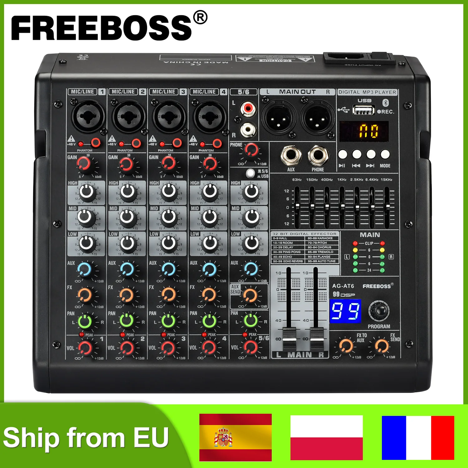 Freeboss-mezclador de Audio de 6 canales, 7 bandas, EQ, 99 efectos DSP, consola de mezcla, USB, PC, grabación, Bluetooth, Compatible con Audio Dj, 48V, AG-AT6