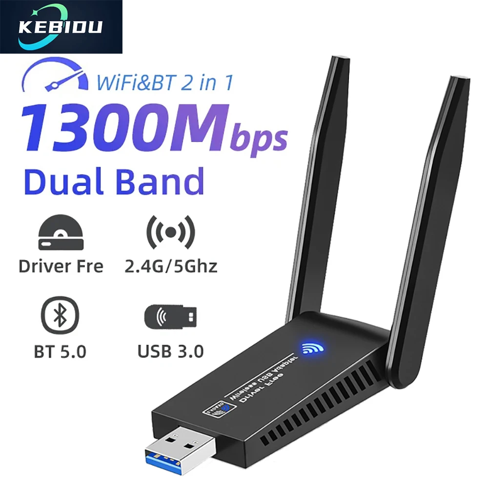 Adaptador USB 3,0 WiFi Bluetooth 5,0 de 1300Mbps, Dongle 2 en 1, doble banda, 2,4 GHz, 5GHz, WiFi 5, red, receptor Wlan inalámbrico, controlador gratuito