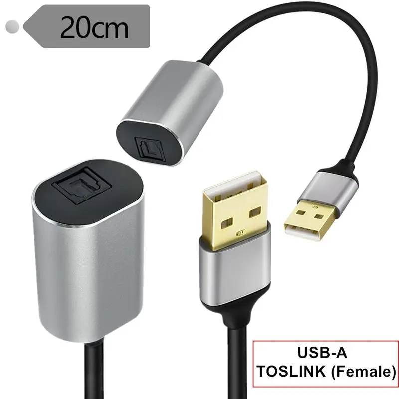 20cm carcasa de aluminio USB-A macho a TOSLINK fibra óptica hembra SPDIF PCM Cable de conexión de salida de señal de Audio Digital estéreo