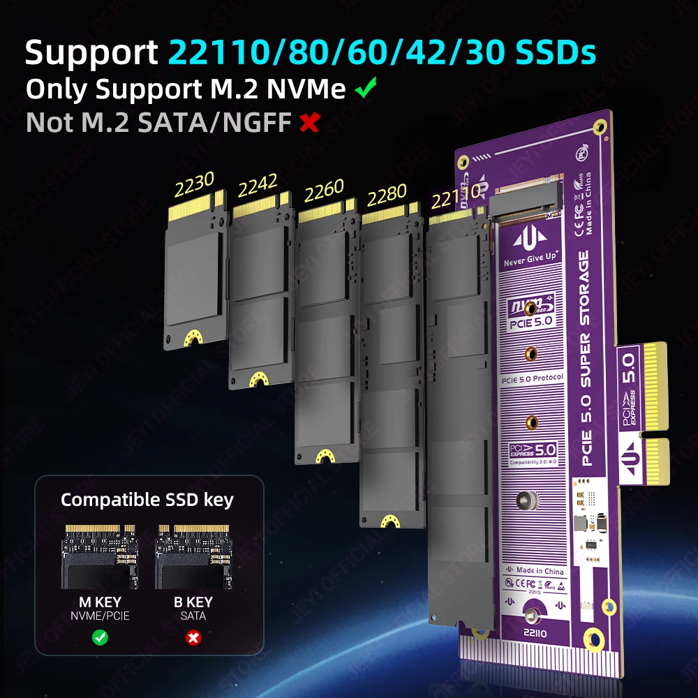 JEYI(128Gbps)PCIe 5,0 a M.2 NVMe tarjeta adaptadora Ultra velocidad compatible con ranura x4/x8/x16 lista 22110/2280/60/42/30 soporte SSD - imagen 4