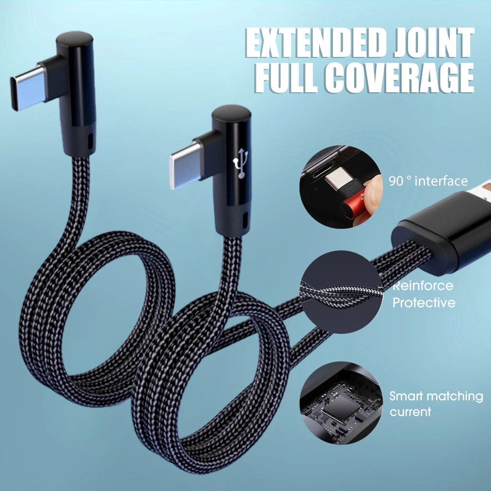 90 °   Cable trenzado de carga rápida con codo, Cable de datos USB A a doble tipo C para iPhone 17, Samsung Mi, teléfono, tableta, línea de cargador de USB-C - imagen 3