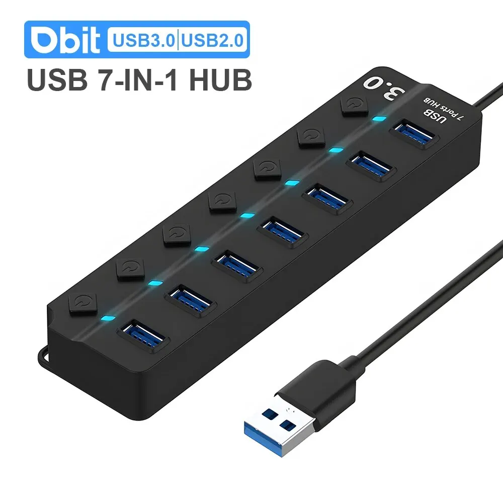 DBIT-Divisor USB 3,0/2,0, adaptador multihub 7 en 1, base de interruptor independiente, Accesorios para ordenador portátil y de escritorio, Cable de 30cm