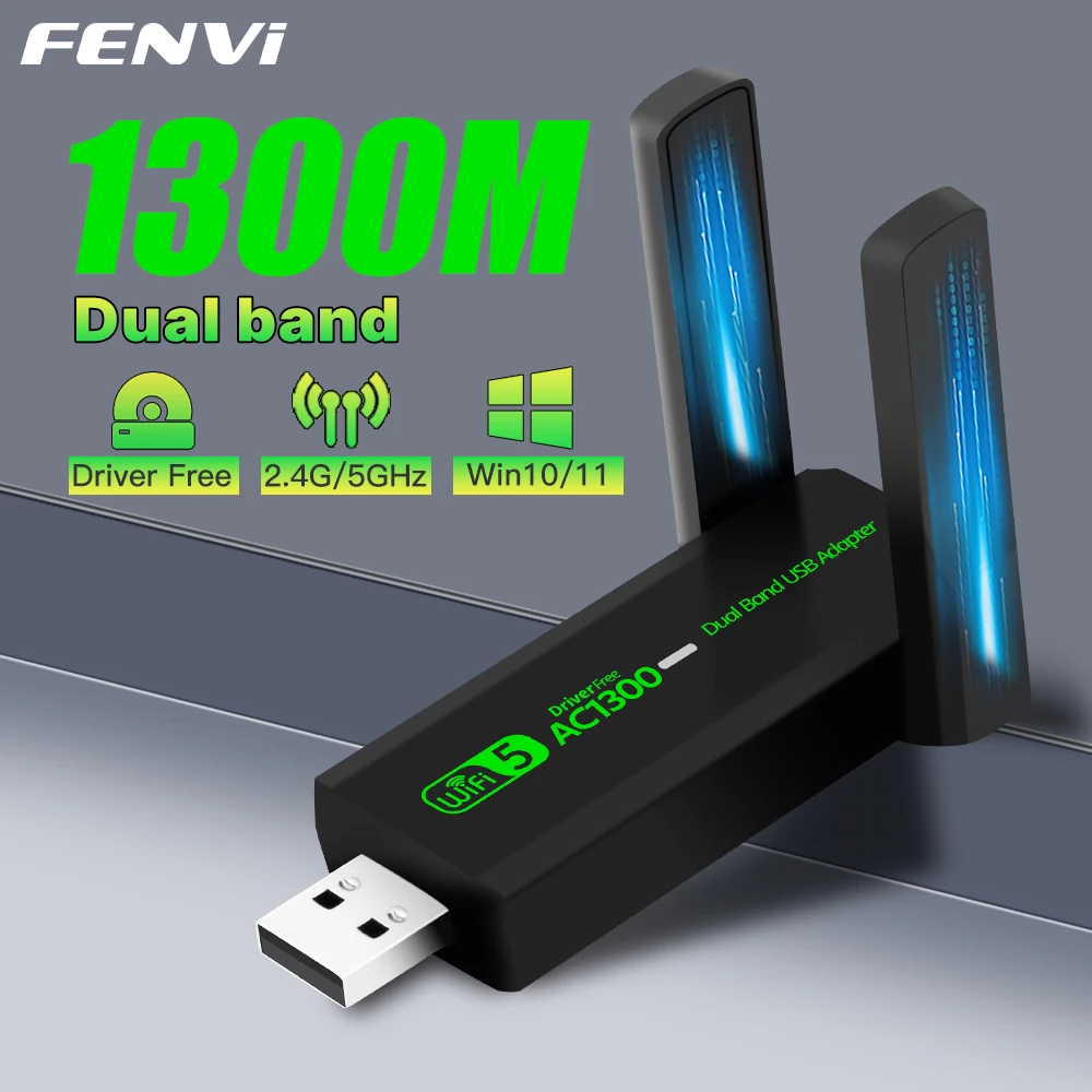 FENVI-Adaptador USB WiFi de 1300Mbps, doble banda, 2,4 GHz/5GHz, receptor de señal Dongle inalámbrico, antena externa para PC/portátil Win 7/10/11