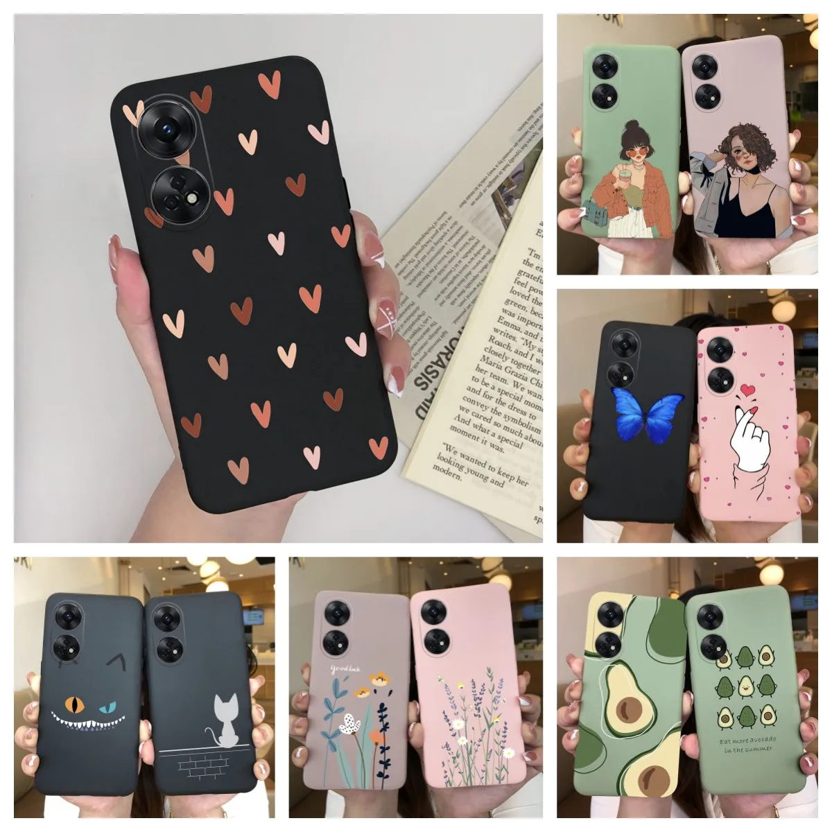 Funda de teléfono para Oppo Reno 8 T 4G 5G, carcasa trasera de silicona esmerilada a prueba de golpes para niña, corazón, flor, gato, moda