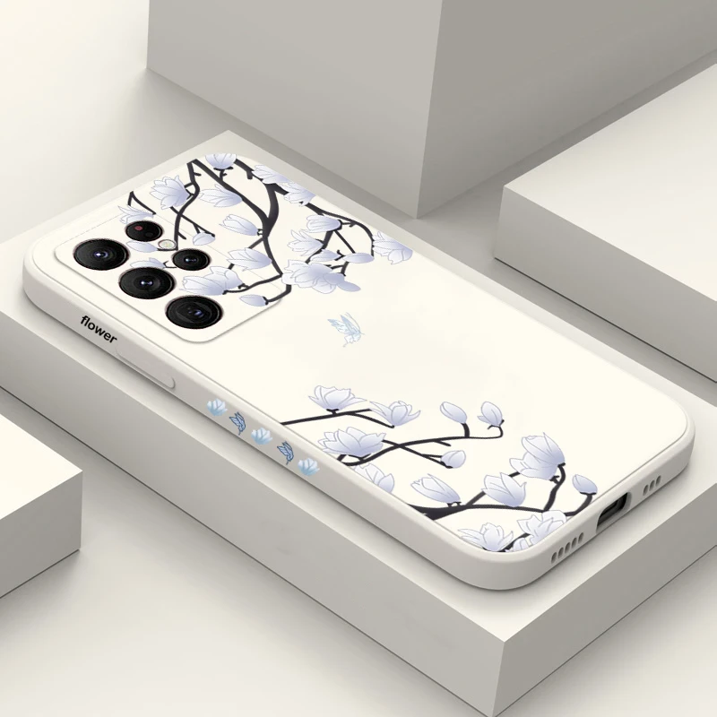 Funda de silicona cuadrada con rama de árbol y flor de ciruelo para Samsung Galaxy A15 A35 A55 A14 A34 A54 A33 A53 S24 Ultra S23 FE S22 Plus
