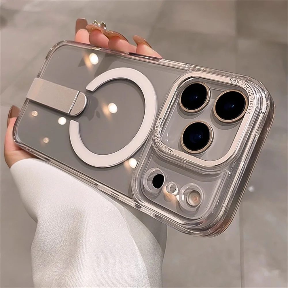 Funda de teléfono magnética de PC altamente transparente con soporte plegable de lujo para iPhone 17 16 15 14 13 12 Pro Max para cubierta de carga inalámbrica Magsafe - imagen 2