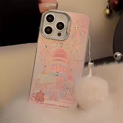 Funda de teléfono con diseño de castillo de fuegos artificiales románticos con cordón para iPhone 16 15 14 11 13 12 Pro Max Plus, funda de teléfono de cuento de hadas de princesa