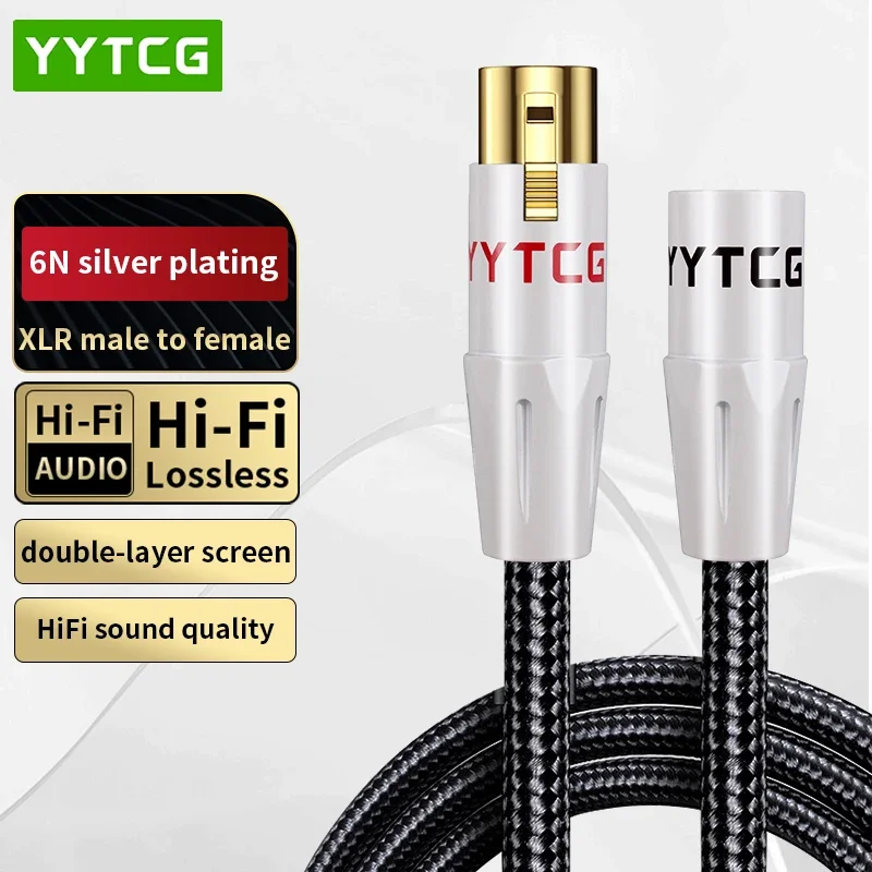 YYTCG-Cable de equilibrio 6N Chapado en plata de 3 pines XLR macho a hembra, HIFI Xlr para amplificadores mezcladores de Audio, Cable de extensión XLR de alta fidelidad