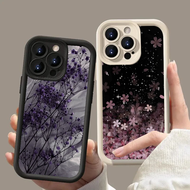 Funda de teléfono con rama de flor negra y morada para Samsung Galaxy S25 S24 S23 S22 Ultra Plus FE A26 A33 A25 A16 A56 A06 A24