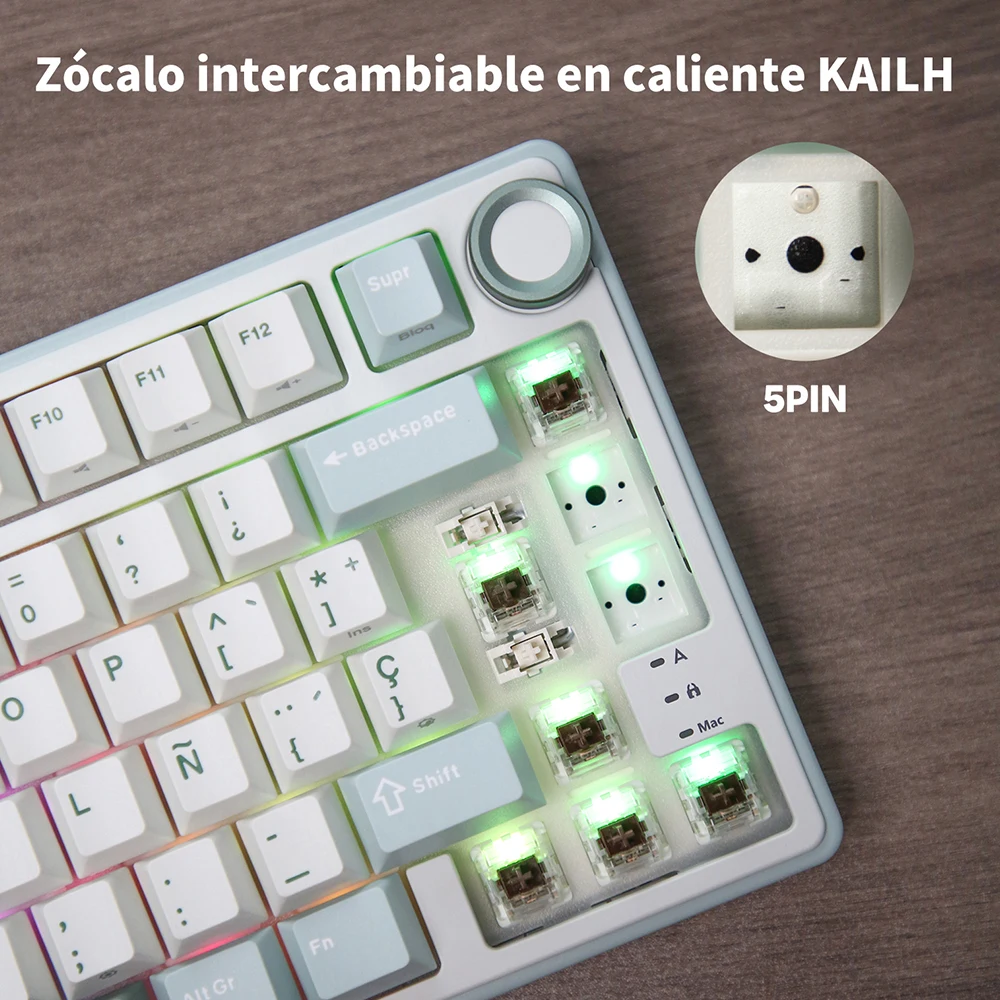 Teclado mecánico con cable RK Royal Kludge R75, 80 teclas, retroiluminado RGB, intercambiable en caliente, teclado para jugadores español, teclas MDA PBT - imagen 4