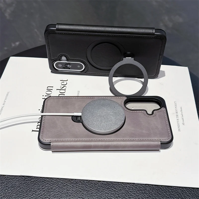 Funda con tapa tipo billetera de cuero PU para Samsung Galaxy A56 A36 A26 A16 A55 A35 A15 A17, funda con soporte de anillo giratorio Magsafe 360 magnético - imagen 4