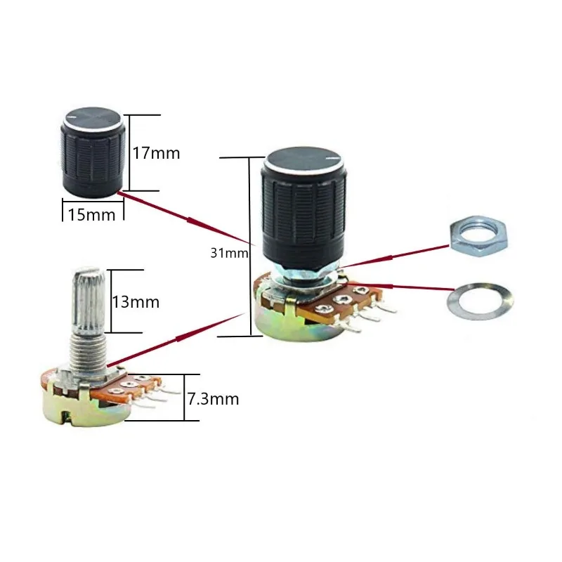 Potenciómetro giratorio B10k de 20 piezas, Kit de potenciómetro lineal de 10k Ohm, Terminal de eje de 20mm con tuercas, arandelas y perillas de aleación de aluminio - imagen 3