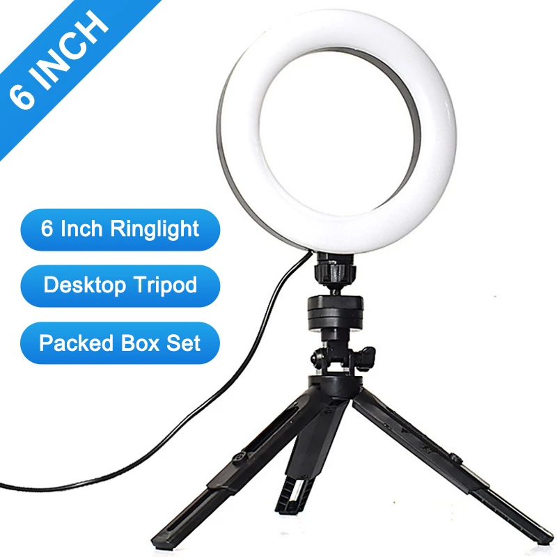 Mini anillo de luz LED para Selfie, lámpara de vídeo de escritorio con soporte de trípode, enchufe USB para YouTuber Live Vlog, estudio de maquillaje, 6 pulgadas