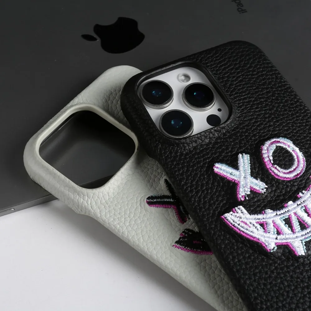 Funda de teléfono de cuero genuino con bordado elegante para iPhone 16 Pro Max 15Pro 14 13 12 11 funda protectora trasera - imagen 5