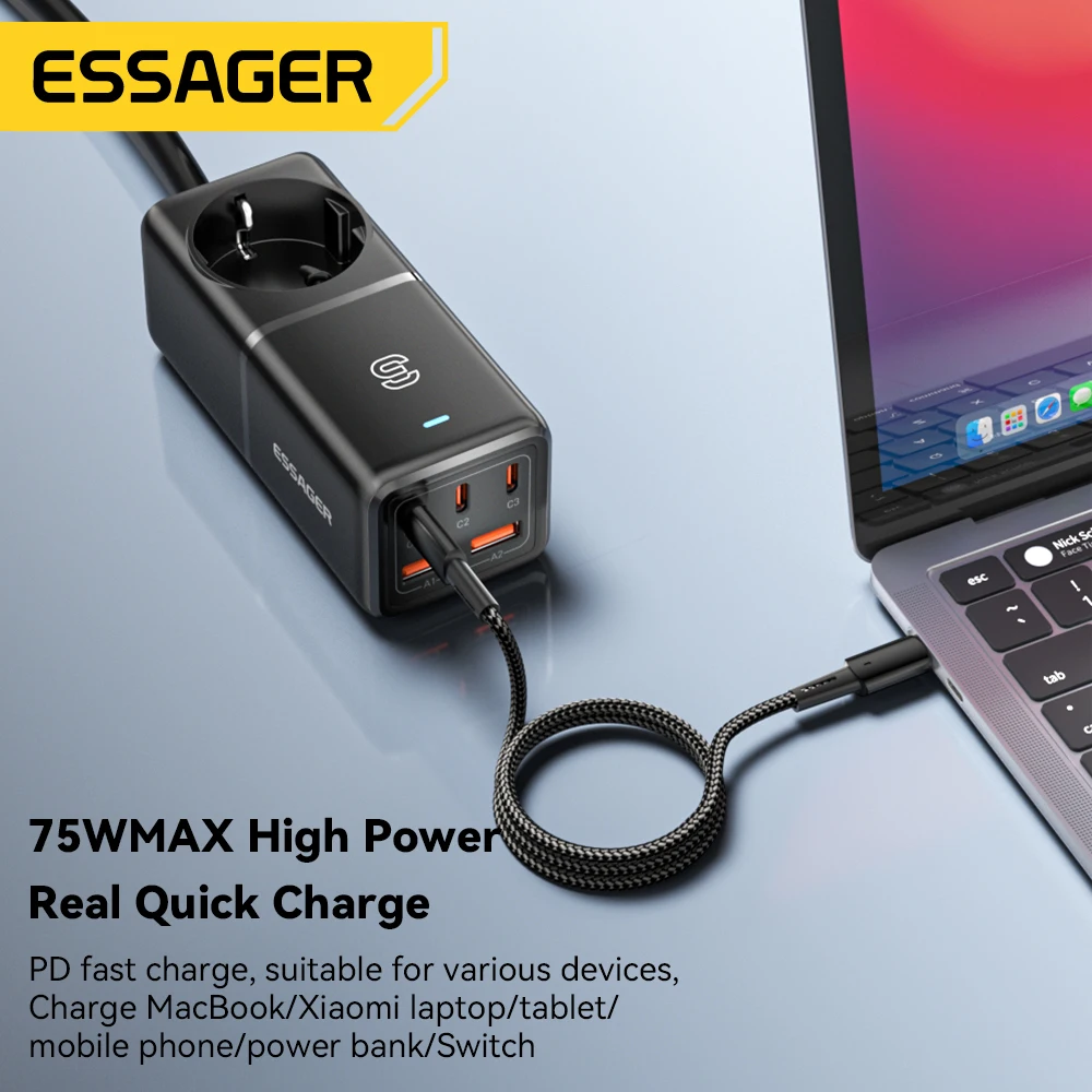 Essager-cargador USB GaN de carga rápida, estación de energía de 75W, 4,0, 3,0, para iPhone, Xiaomi, Samsung, para ordenador portátil MacBook - imagen 5