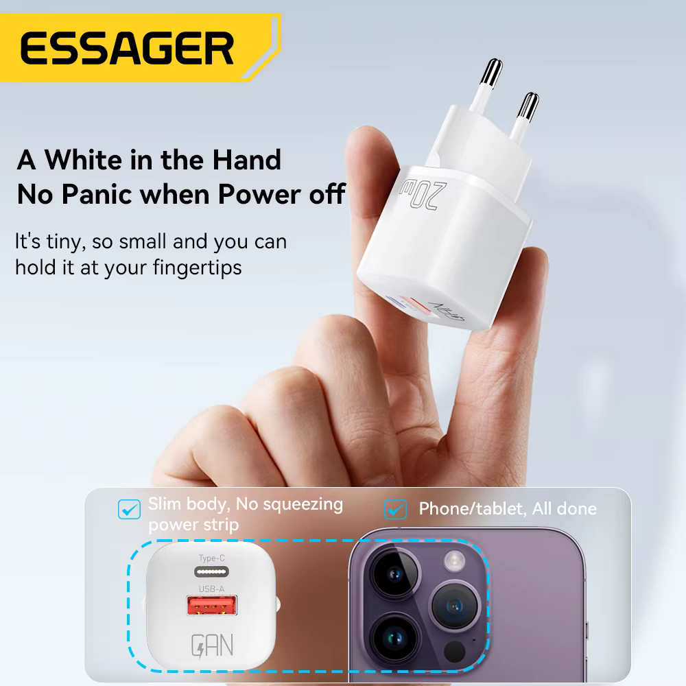 Essager Cargador GaN 20W USB-C PD QC3.0 - Carga rápida iPhone - imagen 3