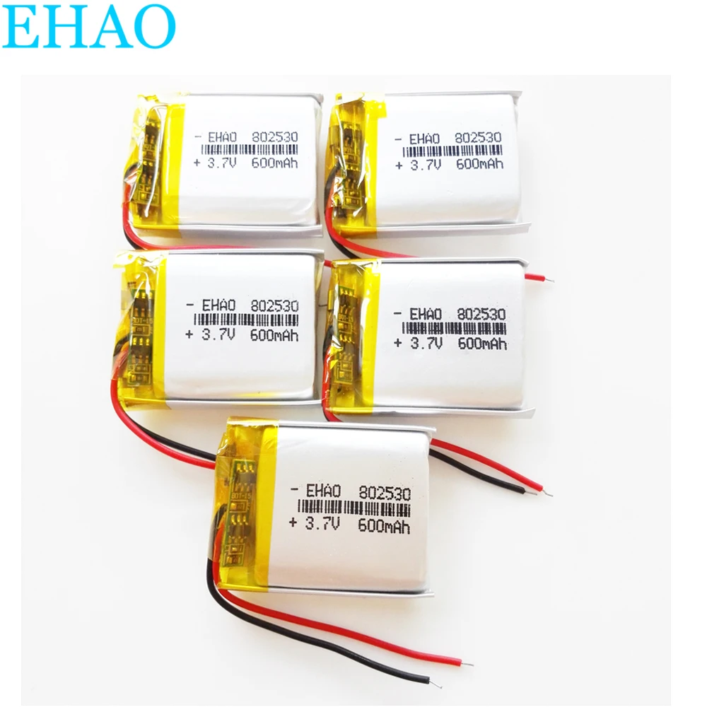 EHAO-batería recargable LiPo de polímero de litio, lote de 5 piezas, 802530, 3,7 V, 600mAh, para auriculares Mp3, E-book, auriculares bluetooth, cámara