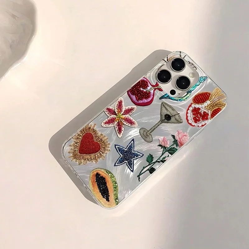 Funda de teléfono con patrón de flores y corazón con cuentas a la moda para iPhone 16/14/13/16E/12/11/15 pro Max/SE/XR/X/ XS MAX/7/8 plus - imagen 2